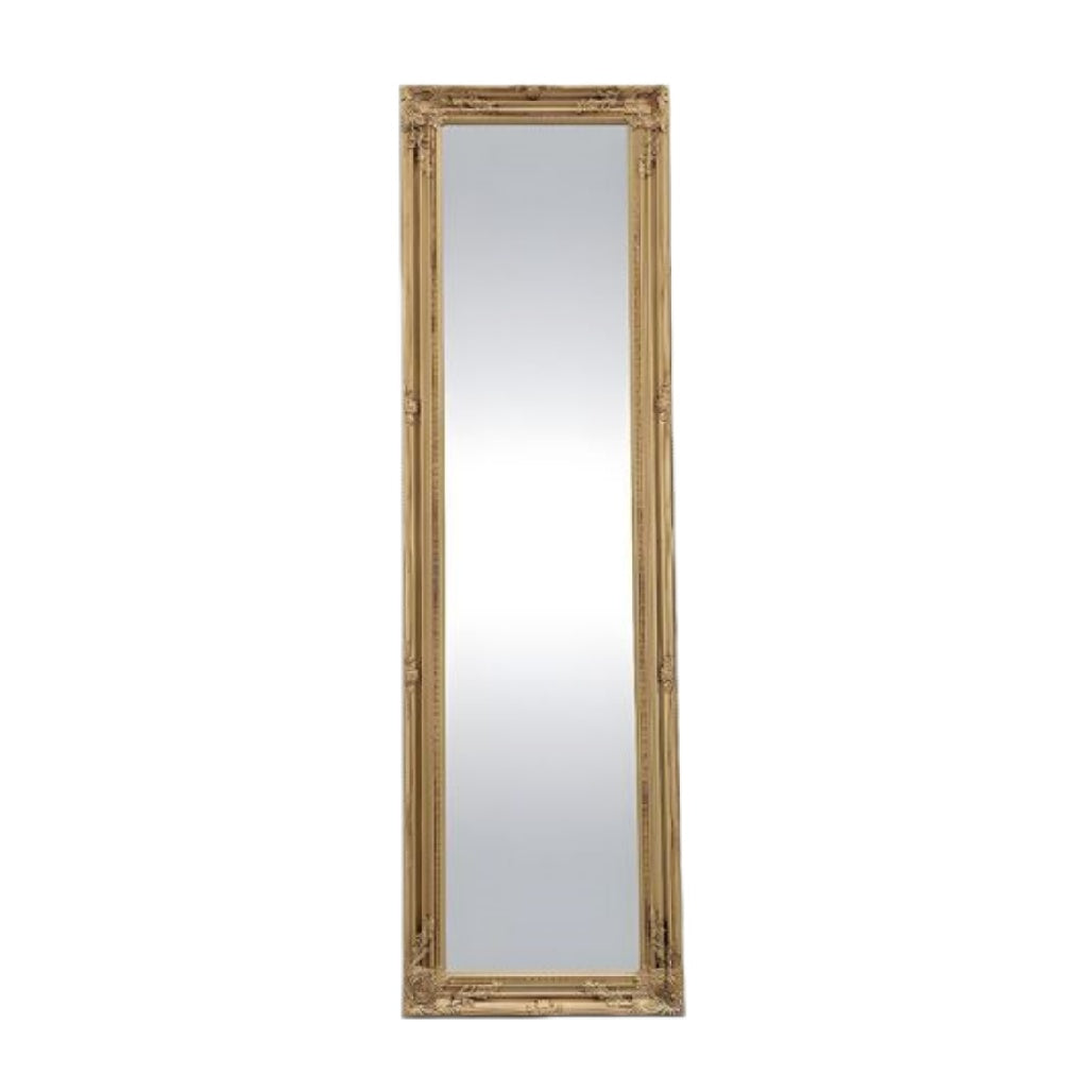 Specchio a muro elegante con cornice dorata, design verticale.
